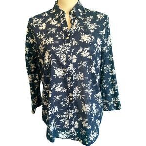 Lauren Ralph Lauren 100% Cotton Navy Floral Button Up Women's Medium